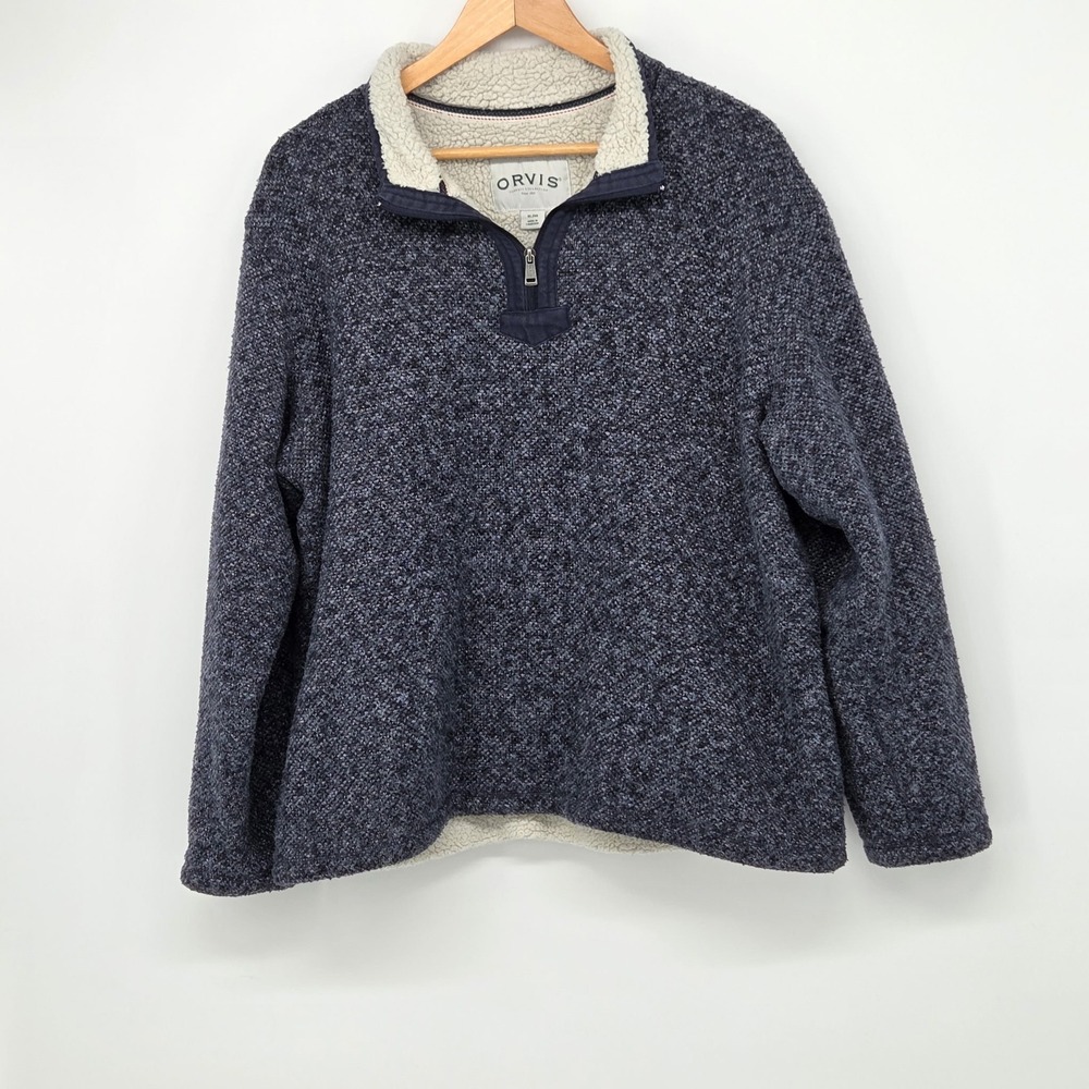 Orvis Mens XL Navy Blue Marled Sherpa Lined Quarter Zip Knit Pullover Sweater